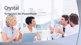  Presentation with conference table - PPT theme featuring smartly dressed young executives sitting around conference table in office background and a sky blue colored foreground