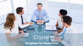  Presentation with conference table - Audience pleasing slide deck consisting of smartly-dressed-young-executives-sitting backdrop and a teal colored foreground