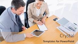  Presentation with woman office desk - Slide deck featuring smartly dressed young man and woman in a business meeting at office desk background and a coral colored foreground