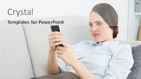  Presentation with text message - Slide deck with smartly dressed young woman reading text message while lying on sofa at home background and a white colored foreground