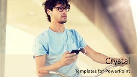  Presentation with people street - PPT theme with smartphone and earphones on fix background and a lemonade colored foreground