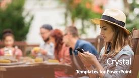  Presentation with summer party - Theme having smartphone and friends having dinner background and a red colored foreground