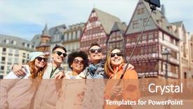  Presentation with tourism selfie - Cool new slide deck with smartphone and monopod over frankfurt backdrop and a coral colored foreground