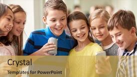  Presentation with elementary children - Colorful PPT theme enhanced with smartphone and soda cans backdrop and a yellow colored foreground