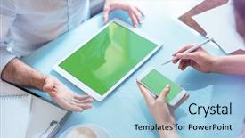  Presentation with man and woman - PPT theme having smartphone and tablet clipping path background and a light blue colored foreground
