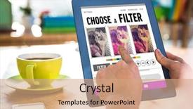  Presentation with smartphone app - Presentation theme consisting of smartphone app menu against cropped image of hipster businessman using tablet background and a coral colored foreground