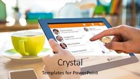  Presentation with smartphone app - Beautiful presentation design featuring smartphone app menu against cropped image of hipster businessman using tablet backdrop and a coral colored foreground