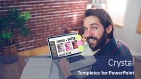  Presentation with smartphone app - Colorful presentation design enhanced with smartphone app menu against portrait of smiling editor using laptop backdrop and a ocean colored foreground