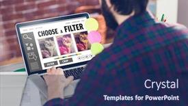  Presentation with smartphone app - Slide set with smartphone app menu against rear view of creative editor working on laptop background and a navy blue colored foreground