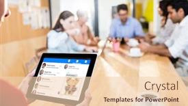  Presentation with smartphone app - PPT layouts consisting of smartphone app menu against woman holding digital tablet with colleagues in background background and a lemonade colored foreground