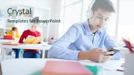  Presentation with headphones - Theme consisting of smartphone at break between lessons background and a sky blue colored foreground