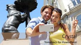  Presentation with sol - Audience pleasing PPT layouts consisting of smartphone camera at tourist attraction backdrop and a coral colored foreground