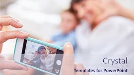  Presentation with smartphone app - Beautiful slide deck featuring smartphone camera with photo app makes a mobile photo of mother and son backdrop and a sky blue colored foreground