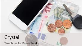  Presentation with homeless person poverty issue concept - Audience pleasing presentation design consisting of smartphone euro money and key backdrop and a  colored foreground