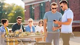  Presentation with summer party - Amazing PPT theme having leisure and people concept - happy friends with smartphone having barbecue party on rooftop in summer backdrop and a coral colored foreground