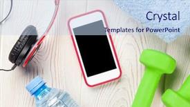  Presentation with water bottle - Colorful slides enhanced with smartphone headphones and towel top backdrop and a sky blue colored foreground