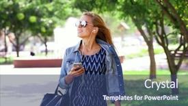 Presentation with listening woman - PPT theme featuring smartphone health - young woman listening to music background and a ocean colored foreground