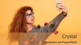  Presentation with long hair - Cool new PPT theme with smartphone isolated on orange background backdrop and a gold colored foreground