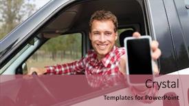  Presentation with smartphone app - Slide set with smartphone man in car driving background and a coral colored foreground