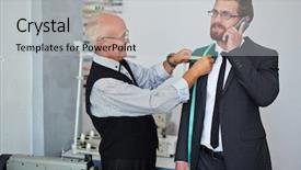  Presentation with new client interview - PPT theme having smartphone measurement - mature tailor measuring client background and a  colored foreground