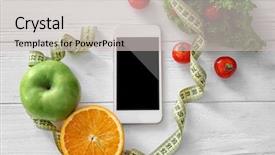  Presentation with health care mobile app - Slide deck featuring smartphone measurement - mobile phone healthy fresh food background and a light gray colored foreground