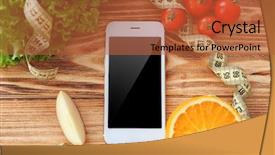  Presentation with weight loss - PPT theme consisting of smartphone measurement - mobile phone healthy fresh food background and a red colored foreground