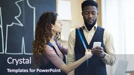  Presentation with measurement - Presentation having smartphone measurement - serious concentrated lady tailor background and a tawny brown colored foreground