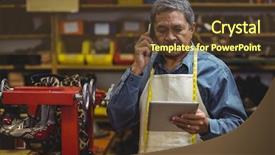  Presentation with digital transformation mobile first - Cool new PPT theme with smartphone measurement - shoemaker using digital tablet while backdrop and a  colored foreground