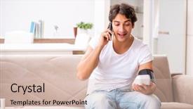  Presentation with measuring blood pressure in haitian - Beautiful presentation theme featuring smartphone measurement - young man measuring blood pressure backdrop and a  colored foreground