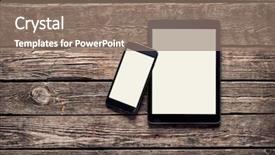  Presentation with old desktop computer - PPT theme with smartphone on old wood desktop background and a coral colored foreground