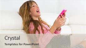  Presentation with hipster girl playing tetris game - Slide set consisting of smartphone on white sofa byod background and a soft green colored foreground