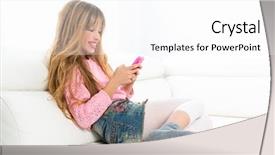  Presentation with children little child girl plays - Slide deck enhanced with smartphone on white sofa byod background and a white colored foreground