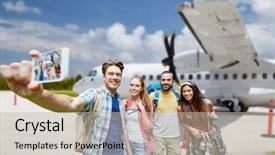  Presentation with tourism selfie - Beautiful slide deck featuring smartphone over plane on airfield backdrop and a mint green colored foreground