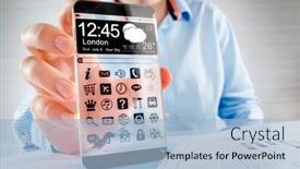  Presentation with humanity - Theme with smartphone phablet with a transparent display in human hands concept actual future innovative ideas and best technologies humanity background and a light blue colored foreground
