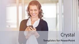  Presentation with writing the text human rights - Amazing PPT theme having smartphone relaxed woman checking email backdrop and a light gray colored foreground