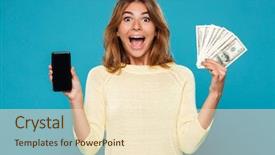  Presentation with weight loss woman showing - Beautiful theme featuring smartphone screen while holding money backdrop and a lemonade colored foreground