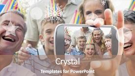  Presentation with extended family - Slide deck consisting of smartphone showing happy extended family background and a coral colored foreground