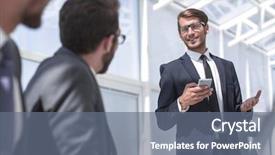  Presentation with businessman standing on mountain top - Cool new PPT theme with smartphone standing in his ofiice backdrop and a gray colored foreground
