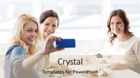  Presentation with happy holidays - Colorful presentation design enhanced with smartphone taking selfie at restaurant backdrop and a lemonade colored foreground