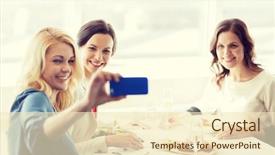 Presentation with happy holidays - Beautiful theme featuring smartphone taking selfie at restaurant backdrop and a  colored foreground