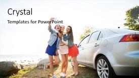  Presentation with girls trip - Slides enhanced with smartphone taking selfie near car background and a cool aqua colored foreground