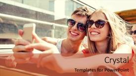  Presentation with tourism selfie - Cool new PPT theme with smartphone traveling by tour bus backdrop and a red colored foreground