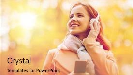  Presentation with music headphones - Cool new slides with smartphone walking in autumn park backdrop and a coral colored foreground
