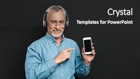  Presentation with music headphones - Colorful slide deck enhanced with smartphone while listening to music backdrop and a dark gray colored foreground