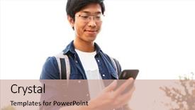  Presentation with sad lonely student sitting - Cool new slides with smartphone while sitting in park backdrop and a  colored foreground