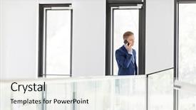  Presentation with railing - PPT layouts enhanced with smartphone while standing by railing background and a  colored foreground