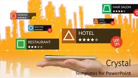  Presentation with dubai skyline on blue sky - Amazing theme having smartphone with applications against orange backdrop and a yellow colored foreground