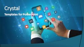  Presentation with hand holding colorful brain sketch - Presentation design enhanced with smartphone with colorful application icons background and a teal colored foreground