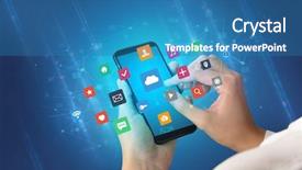  Presentation with colorful hand prints - Presentation design enhanced with smartphone with colorful application icons background and a teal colored foreground