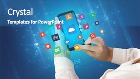  Presentation with application - Presentation design with smartphone with colorful application icons background and a teal colored foreground
